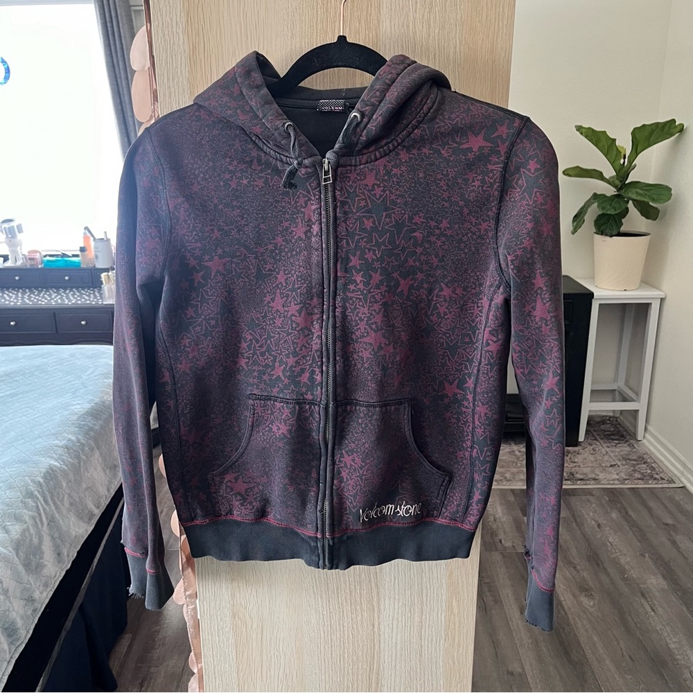 Volcom Seeing Stars Zip Up Hoodie Small Burgundy Black All Over Print Y2K Skate